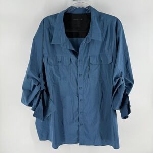 Swiss Tech Shirt Mens 3XL Blue Striped Stretch Roll Tab Sleeve Casual Button Up